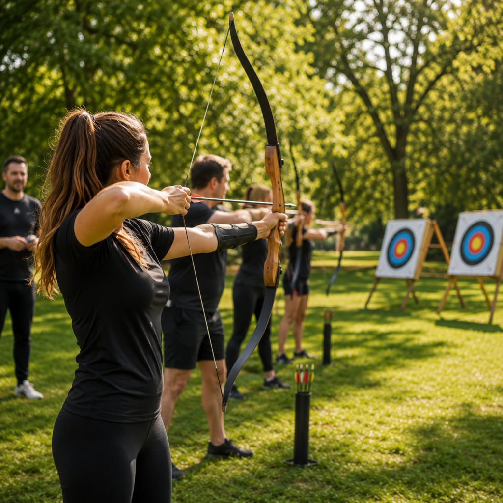Deelnemers boogschieten tijdens een teambuilding activiteit bij Orchid House Amsterdam