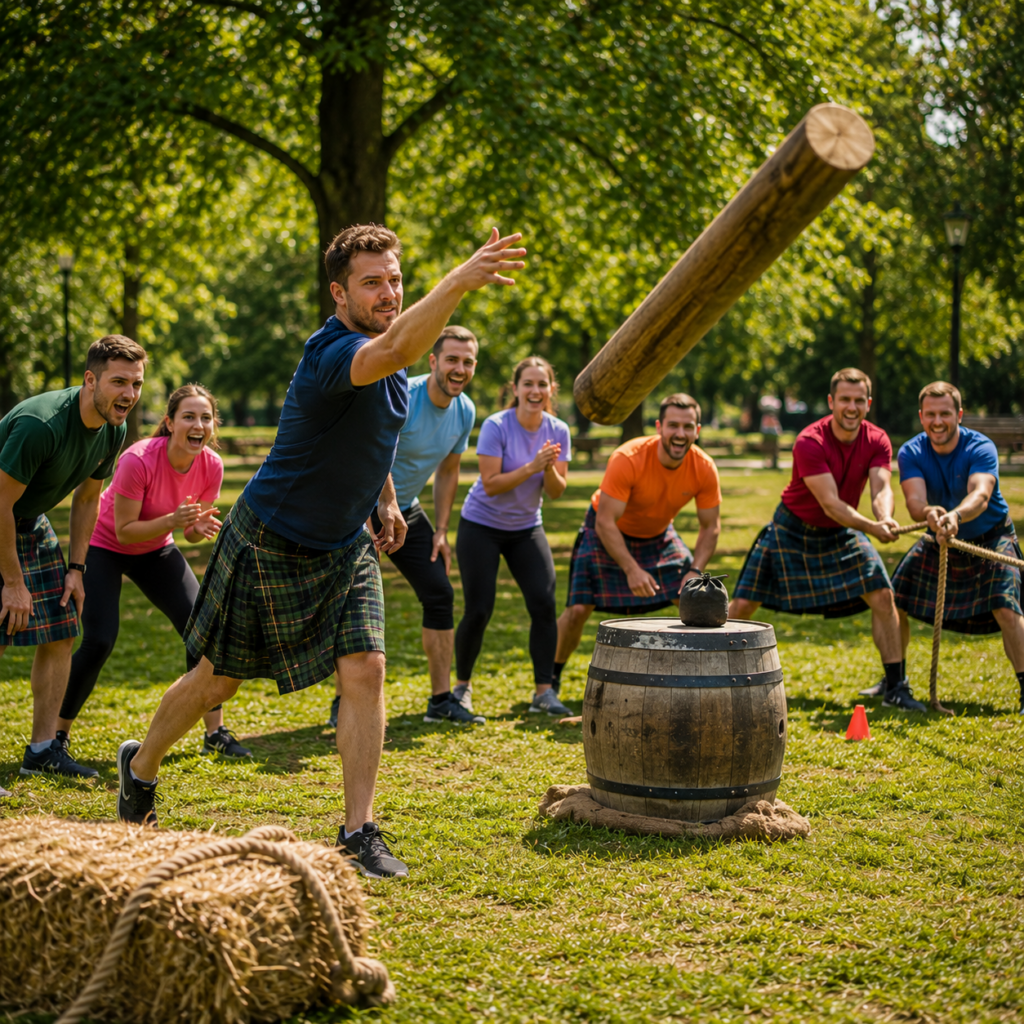 Team doet mee aan Highland Games tijdens een teambuilding activiteit bij Orchid House Amsterdam